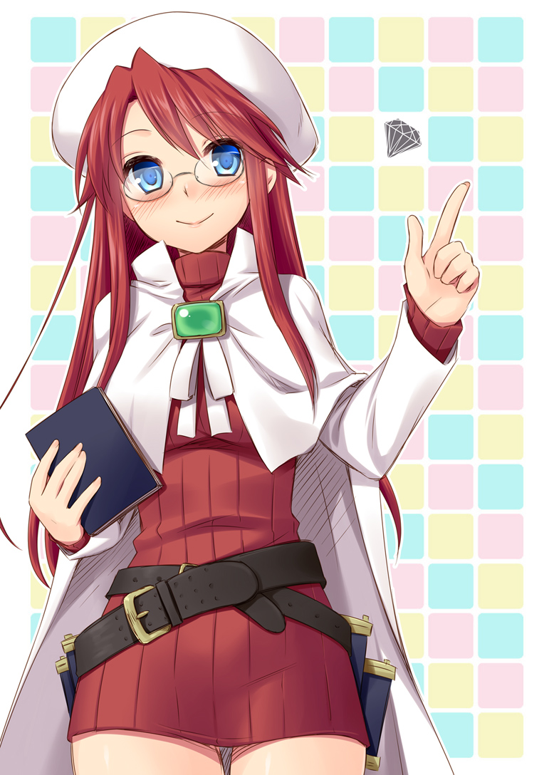 aty, belt, blue_eyes, blush, book, cape, glasses, hat