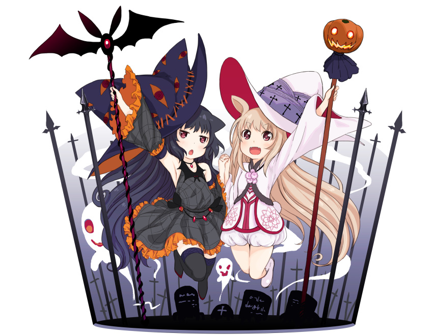 :d, :o, abe_kanari, animal_ears, arm_up, armpits, bare_shoulders, black_hair, black_legwear, blonde_hair, blush, cat_ears, detached_sleeves, dress, fang, fangs, ghost, grave_stone, halloween, hat, highres, holding, jack-o'-lantern, jack-o'-lantern, jewelry, large_hat, legs_up, long_hair, looking_at_viewer, multiple_girls, necklace, open_mouth, original, pink_eyes, pumpkin, red_eyes, smile, spider_web_print, staff, thigh-highs, thighhighs, tombstone, witch_hat