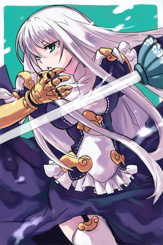 blush, breasts, dress, garter_belt, garter_straps, gauntlets, green_eyes, large_breasts
