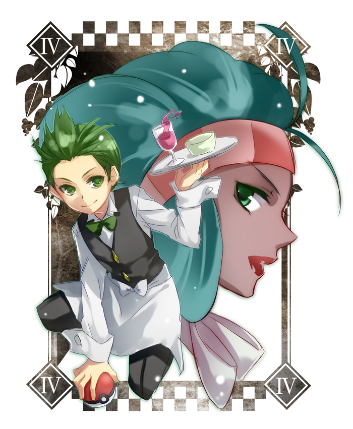 1girl, aloe_(pokemon), antenna_hair, apron, dent_(pokemon), drink, green_eyes, green_hair