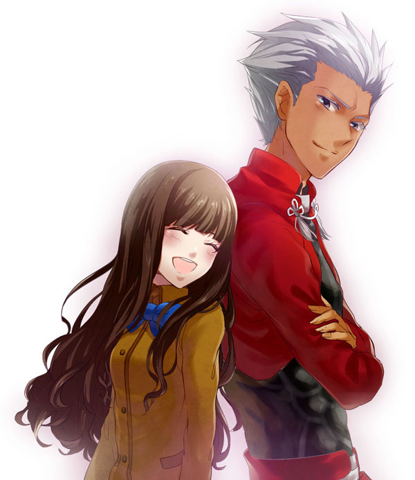 1girl, archer, brown_hair, dark_skin, fate/extra, fate_(series), female_protagonist_(fate/extra), grey_eyes, grey_hair, long_hair, nopo_(patter), school_uniform, simple_background, white_background