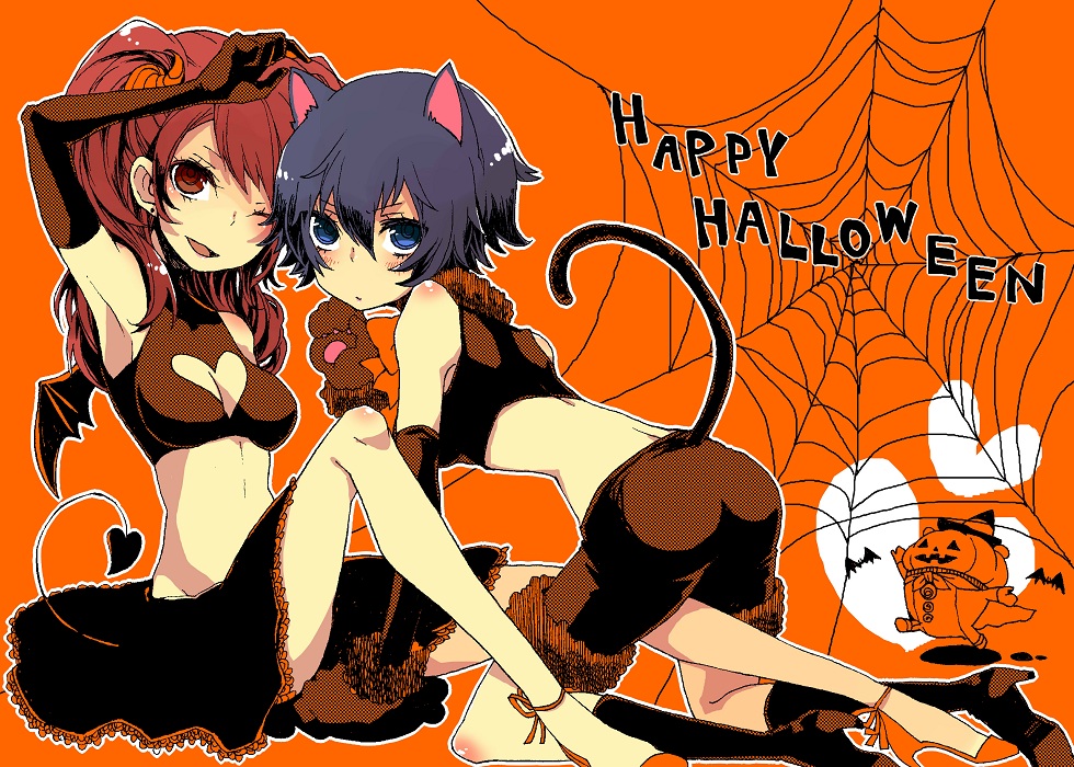 2girls, animal_ears, atlus, bat_wings, blue_eyes, blue_hair, breasts, cat_ears