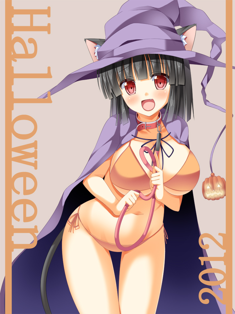 2012, :d, animal_ears, asa_no_ha, bikini, black_hair, blush, breasts
