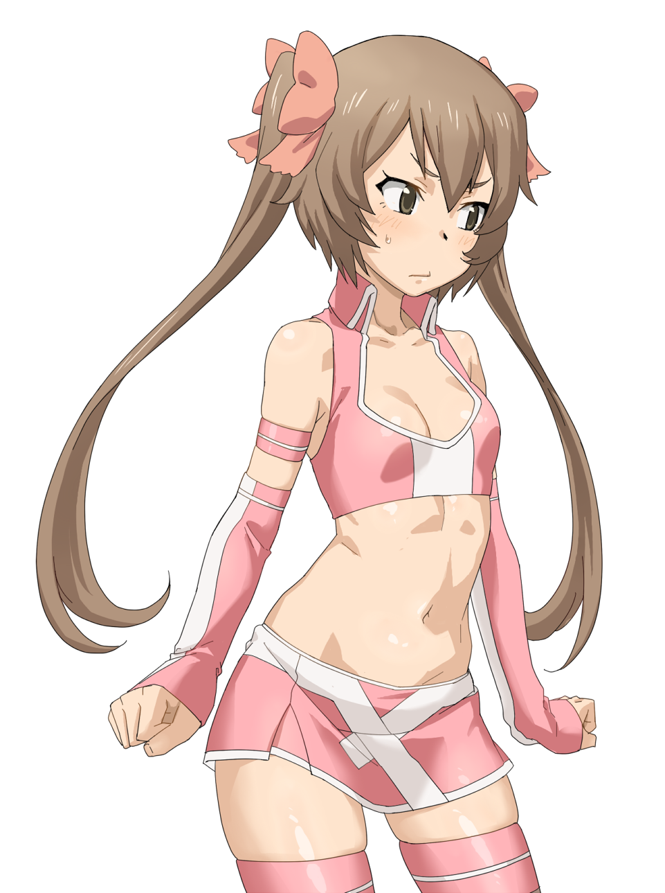 bare_shoulders, blush, bow, breasts, brown_eyes, brown_hair, chousoku_henkei_gyrozetter, cleavage