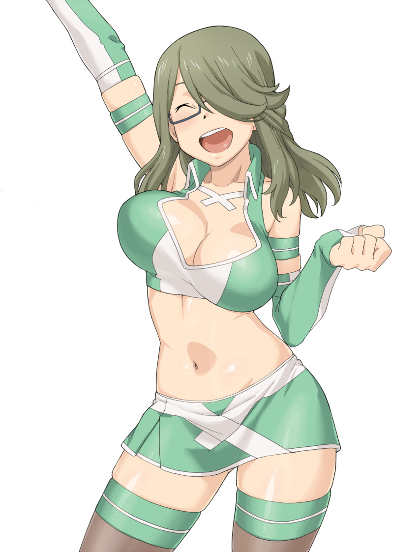 ^_^, arm_up, black-framed_glasses, black_legwear, breasts, chousoku_henkei_gyrozetter, cleavage, closed_eyes