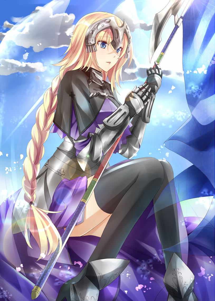 armor, armored_dress, black_legwear, blonde_hair, blue_eyes, braid, fate/apocrypha, fate_(series)
