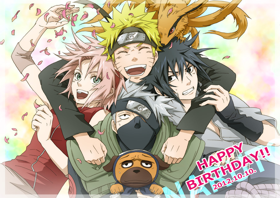 3boys, black_eyes, black_hair, blonde_hair, closed_eyes, dated, dog, eyes_closed, forehead_protector, fox, green_eyes, happy_birthday, haruno_sakura, hatake_kakashi, konohagakure_symbol, kyuubi, kyuubi_(naruto), mask, multiple_boys, naruto, naruto_shippuuden, natsudori, open_mouth, pakkun, petals, pink_hair, short_hair, silver_hair, smile, spiked_hair, spiky_hair, sweatdrop, team7, uchiha_sasuke, uzumaki_naruto, vest