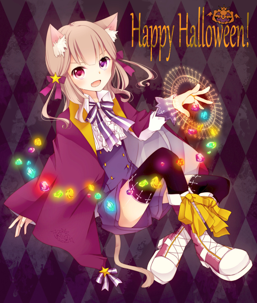 akaimo_satsuma, animal_ears, black_legwear, bow, brown_hair, cape, cat_ears, cat_tail, cross, english, fang, gem, glowing, goma_(11zihisin), hair_bow, halloween, happy_halloween, heterochromia, highres, long_hair, magic_circle, male, open_mouth, original, platform_footwear, ponytail, purple_eyes, red_eyes, ribbon, smile, solo, star, tail, thigh-highs, thighhighs, trap, violet_eyes
