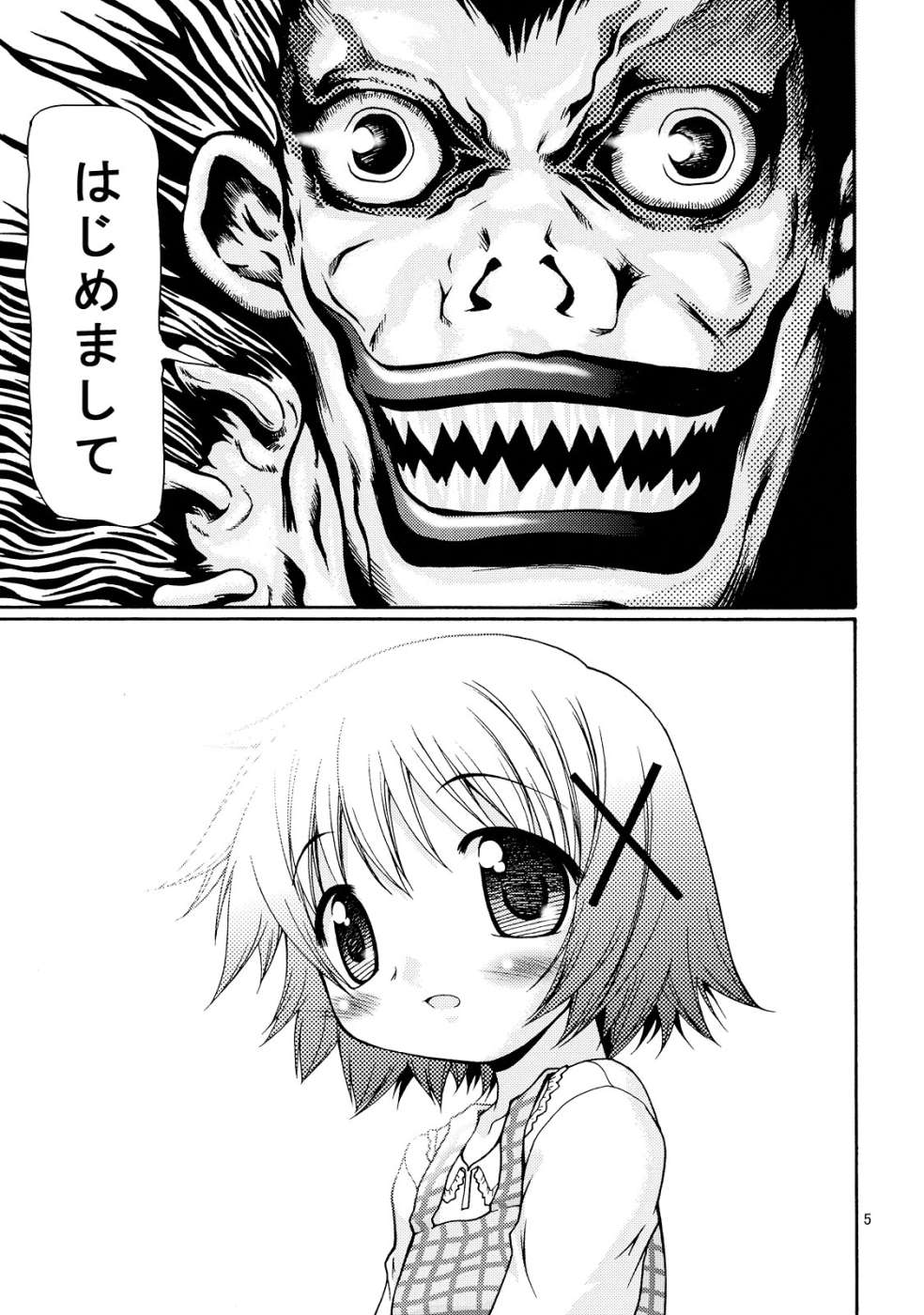 1girl, comic, death_note, fester, hair_ornament, hairclip, hidamari_sketch, highres