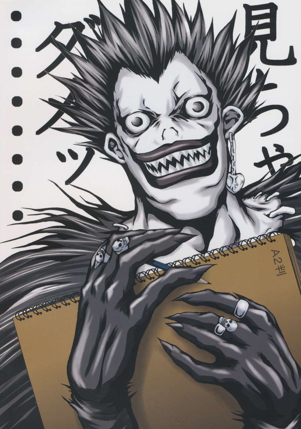1boy, death_note, earrings, fester, hidamari_sketch, highres, notebook, pencil