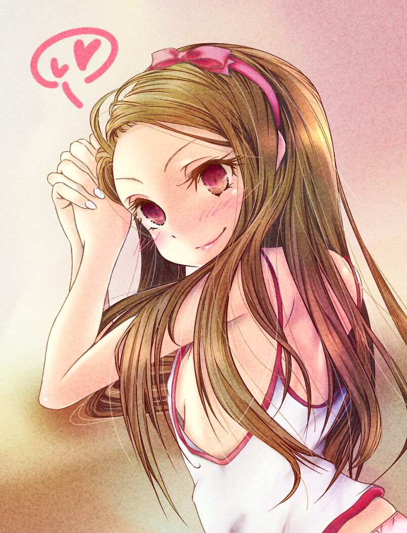 blush, brown_hair, camisole, hairband, idolmaster, long_hair, minase_iori, mitsuki0625, mitsuki_(omezame_alice), no_bra, pink_eyes, smile, solo