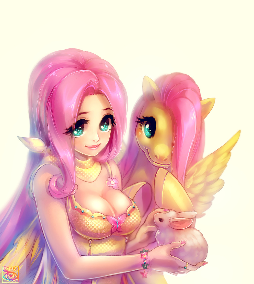 bracelet, breasts, cleavage, e-x-p-i-e, fluttershy, green_eyes, jewelry, lips