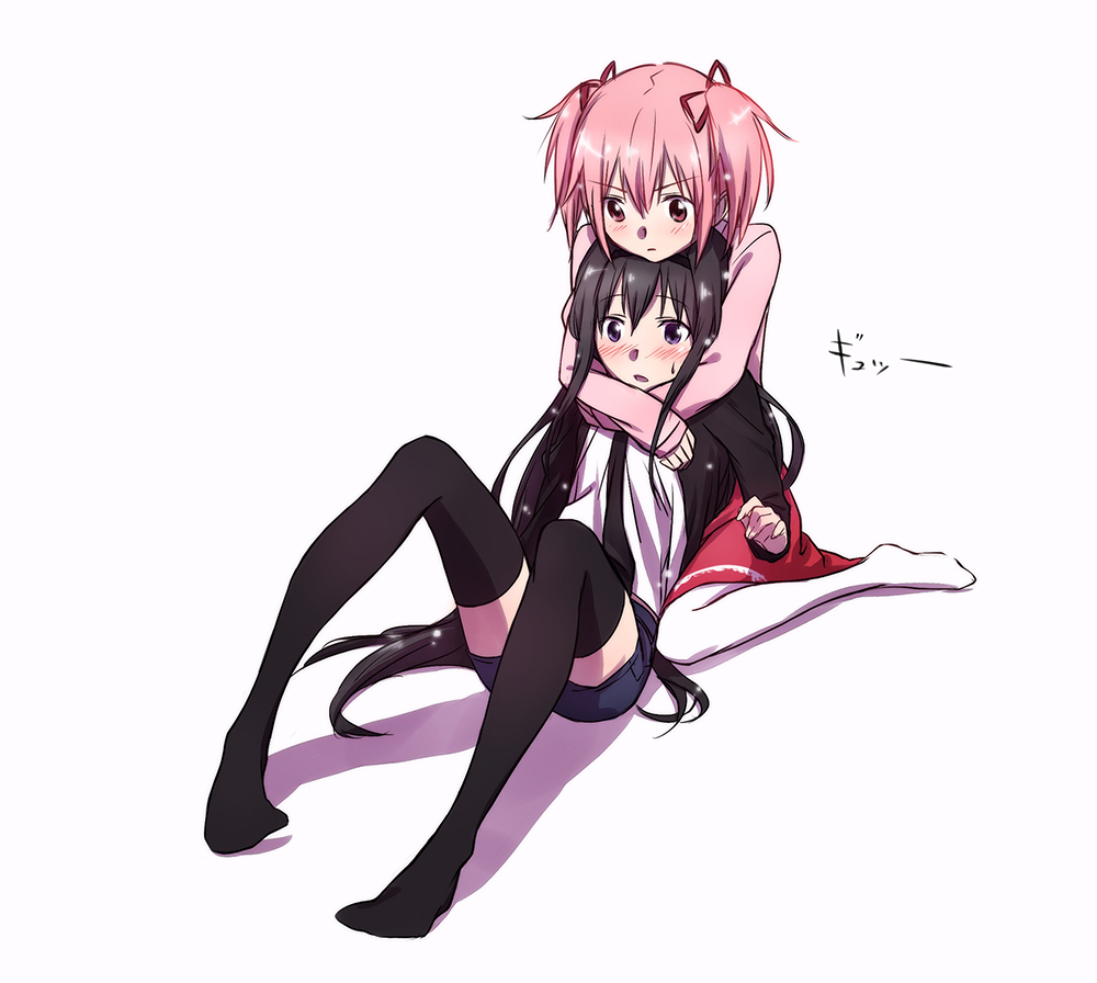 akemi_homura, azmodan, bad_id, black_hair, black_legwear, blush, hair_ribbon, hairband, kaname_madoka, long_hair, mahou_shoujo_madoka_magica, multiple_girls, neck_hug, necktie, parted_lips, pink_eyes, pink_hair, purple_eyes, ribbon, short_twintails, shorts, sitting, skirt, sweatdrop, thigh-highs, thighhighs, twintails, very_long_hair, violet_eyes, wariza, white_legwear