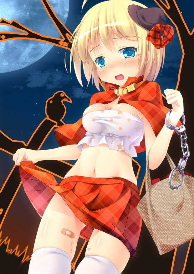bag, blonde_hair, blue_eyes, blush, breasts, capelet, cuffs, full_moon