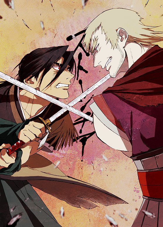 2boys, black_hair, blonde_hair, facial_hair, fighting, katana, multiple_boys, nanashi_(stranger), petals, rarou, scar, stranger_mukou_hadan, stubble, sword, weapon, zakk