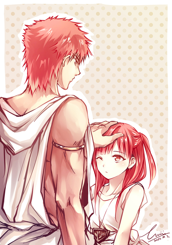 1girl, long_hair, magi_the_labyrinth_of_magic, masrur, morgiana, petting, red_eyes, red_hair, redhead, side_ponytail, wince, winniconan