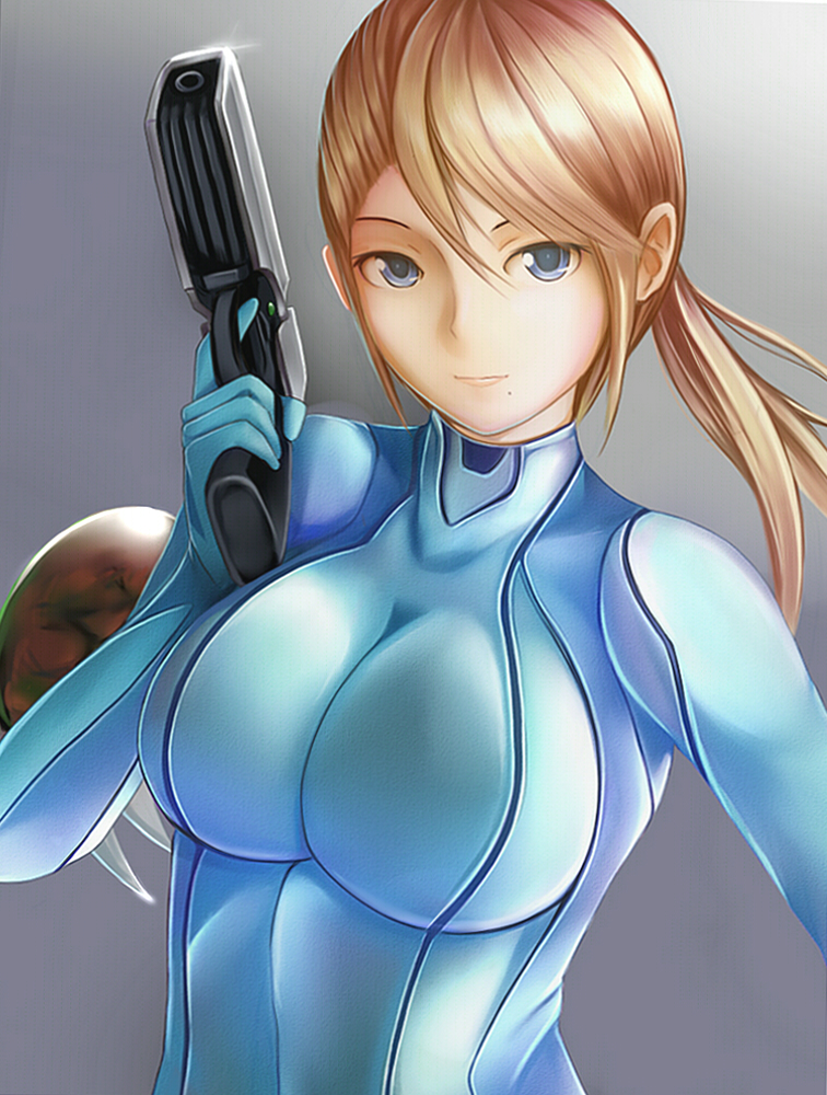 blonde_hair, blue_eyes, bodysuit, breasts, gun, large_breasts, looking_at_viewer, metroid