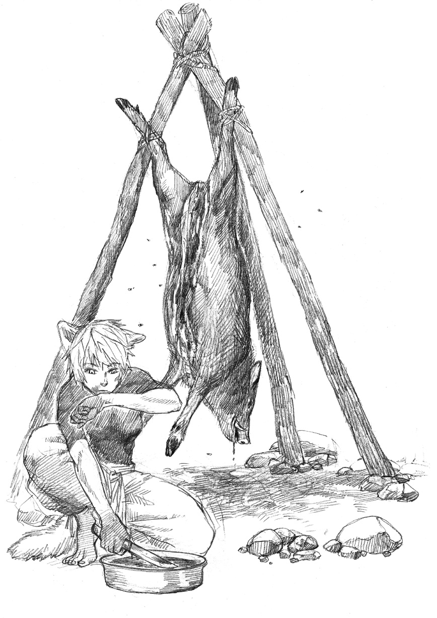 androgynous, animal_ears, barefoot, blood, blood_on_face, bloody_hands, boar, bowl, butchering, clenched_hand, feet, fly, hanging, highres, holding, insect, inubashiri_momiji, kneeling, knife, kobushi, looking_down, monochrome, no_hat, no_headwear, outdoors, pants, rock, rope, sash, shirt, short_hair, simple_background, sketch, solo, squatting, stick, tail, tied_up, tiptoes, touhou, wolf_ears, wolf_tail