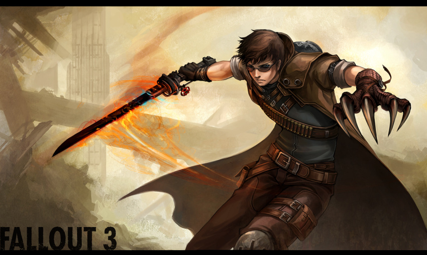 bandolier, belt, blue_eyes, brown_hair, claws, fallout, fallout_3, fire, male, overcoat, ruins, sandara, shishkebab_(fallout), solo, sunglasses, sword, weapon