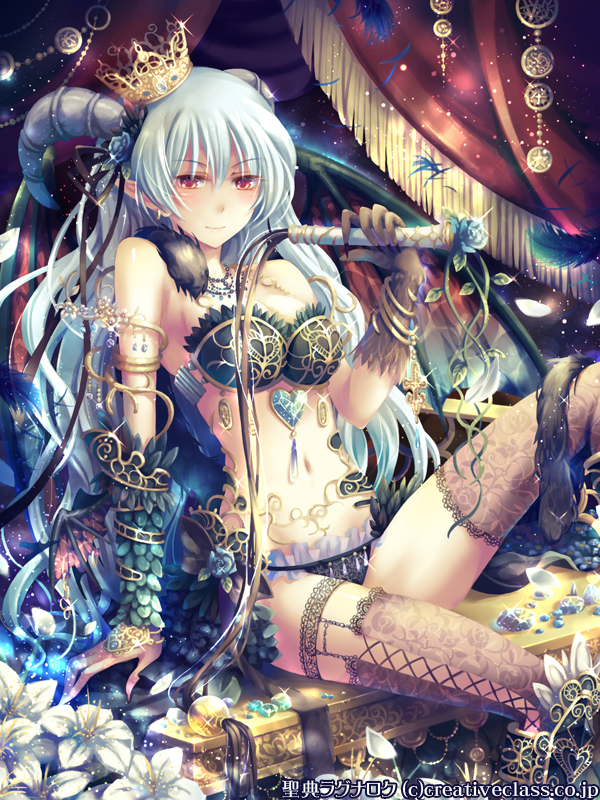 bare_shoulders, blue_hair, bra, cross, crown, demon_girl, demon_horns, detached_sleeves, flower, gem, holding, long_hair, looking_at_viewer, original, panties, pointy_ears, red_eyes, seiten_ragnarok, sitting, smile, solo, sparkle, thigh-highs, thighhighs, underwear, vines, yamadori_yoshitomo