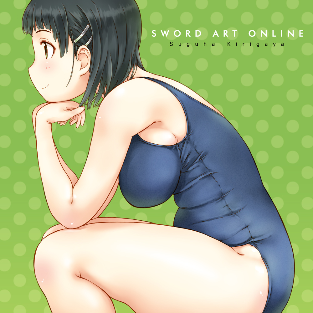 blush, breasts, character_name, green_eyes, hair_ornament, hairclip, kirigaya_suguha, large_breasts, plump, polka_dot, polka_dot_background, profile, school_swimsuit, sitting, smile, solo, swimsuit, sword_art_online, takagi_hideaki, title_drop