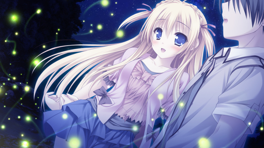 1girl, arms_behind_back, blonde_hair, blue_eyes, blush, casual, firefly, game_cg