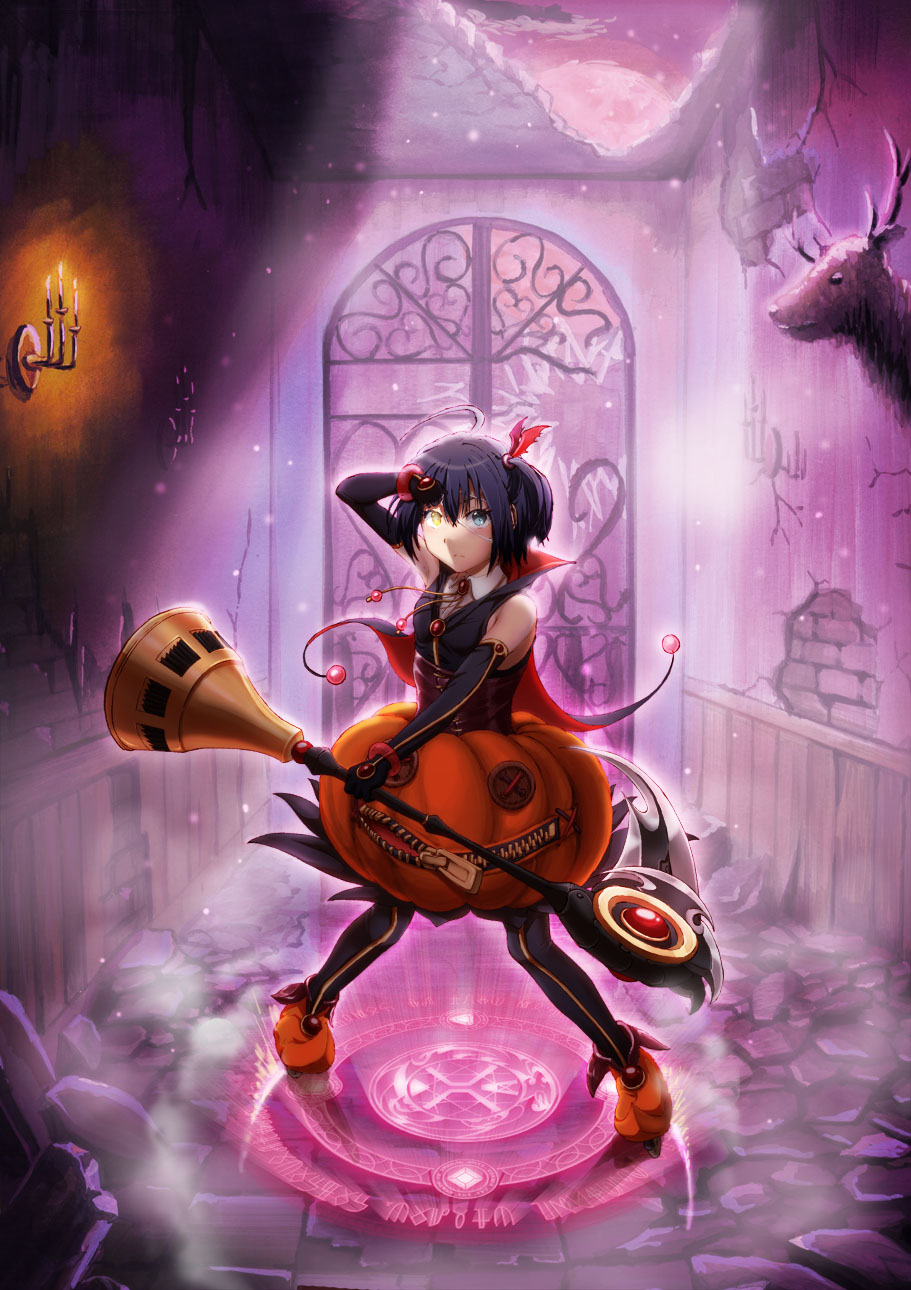 ahoge, bare_shoulders, black_hair, blue_eyes, candle, cape, chuunibyou_demo_koi_ga_shitai!, elbow_gloves