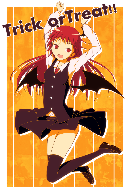 arms_up, bat_wings, head_wings, jumping, koakuma, kujira-kousen, long_hair, long_sleeves, necktie, open_mouth, red_eyes, red_hair, redhead, skirt, smile, solo, thigh-highs, thighhighs, touhou, trick_or_treat, white_legwear, wings