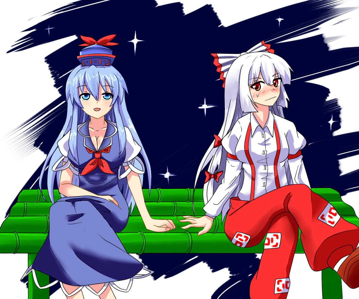 bamboo, bamboo_bench, blue_hair, blush, bow, breasts, cleavage, dress