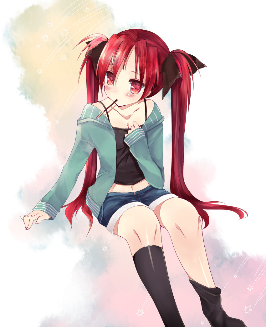 1girl, absurdres, alternate_hairstyle, black_legwear, blush, copon_xox, highres, hoodie