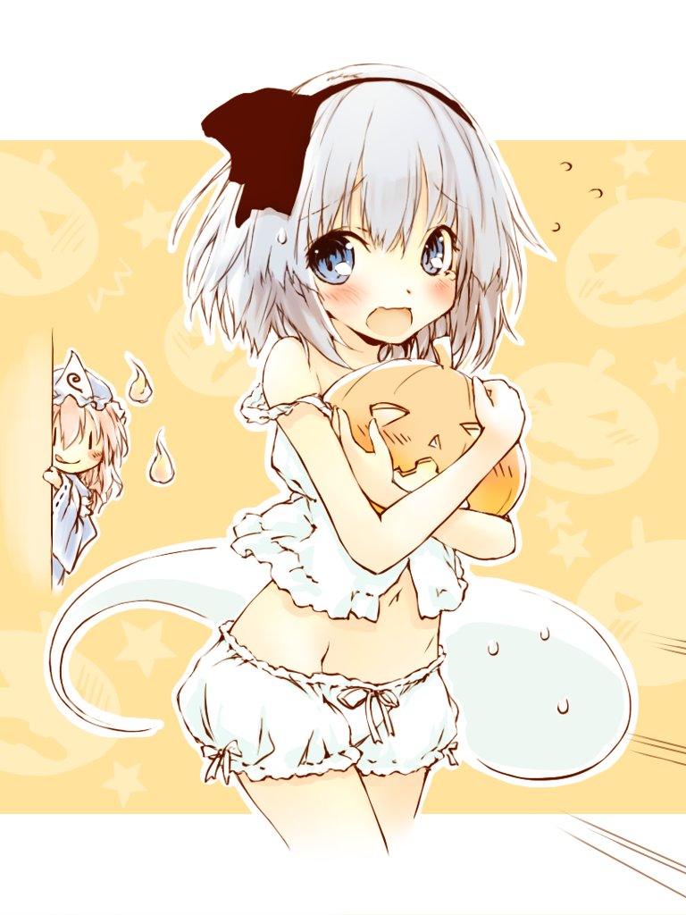 :q, bloomers, blue_eyes, blush, hairband, halloween, hat, hitodama, holding, jack-o'-lantern, jack-o'-lantern, konpaku_youmu, konpaku_youmu_(ghost), mound_of_venus, multiple_girls, open_mouth, pink_hair, saeki_touma, saigyouji_yuyuko, short_hair, silver_hair, strap_slip, tears, tongue, touhou, underwear, underwear_only