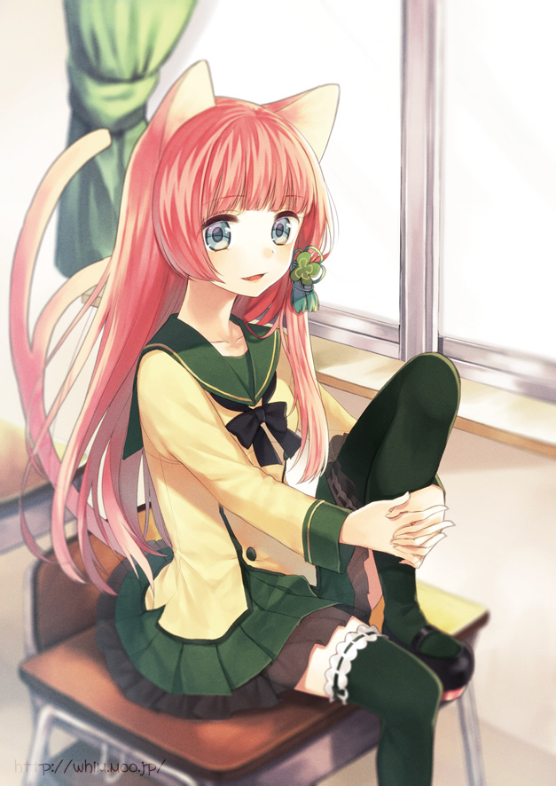 animal_ears, blue_eyes, blush, cat_ears, cat_tail, chair, cocona_ichijo, green_legwear, long_hair, midorikawa_you, multiple_tails, original, pink_hair, school_uniform, sitting, skirt, solo, table, tail, thigh-highs, thighhighs, watermark, web_address
