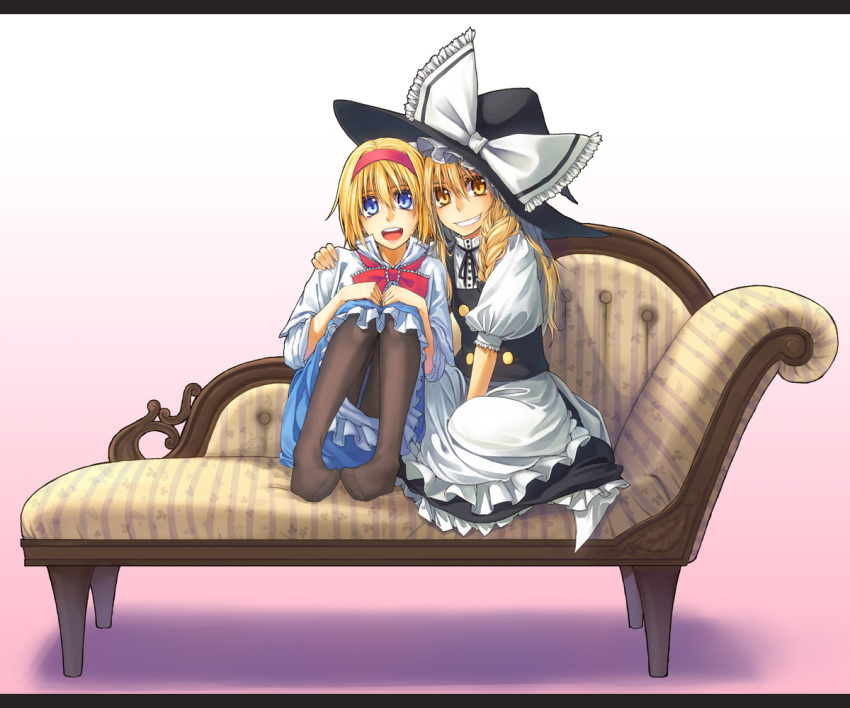 alice_margatroid, blonde_hair, blue_eyes, braid, hairband, hat, kirisame_marisa, long_hair