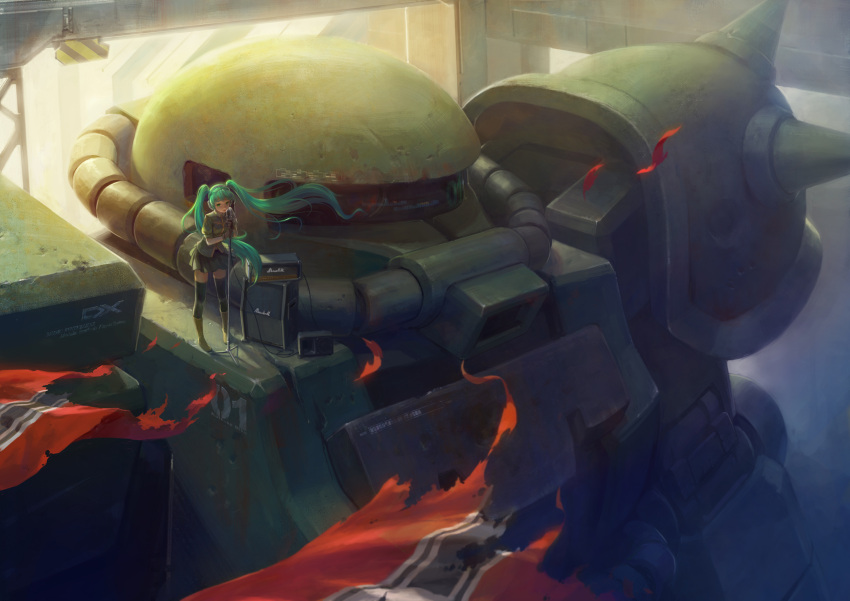 :o, amplifier, flag, g_tong, gloves, green_eyes, green_hair, gundam