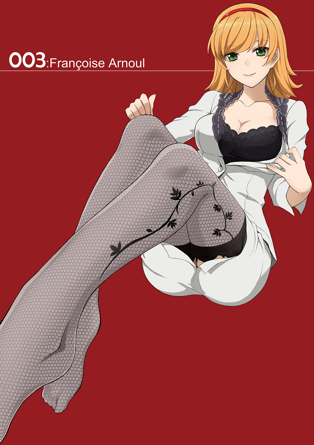 1girl, black_bra, blonde_hair, bra, breasts, character_name, cleavage, cyborg_009, feet, female, fishnet_legwear, fishnets, floral_print, foreshortening, francoise_arnoul, green_eyes, hairband, highres, long_hair, looking_at_viewer, pov_feet, prime, print_legwear, red_background, simple_background, smile, solo, thigh-highs, thighhighs, underwear