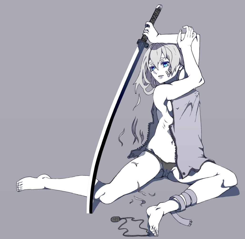 arms_up, bandage, bandages, bare_legs, bare_shoulders, barefoot, blue_eyes, breasts