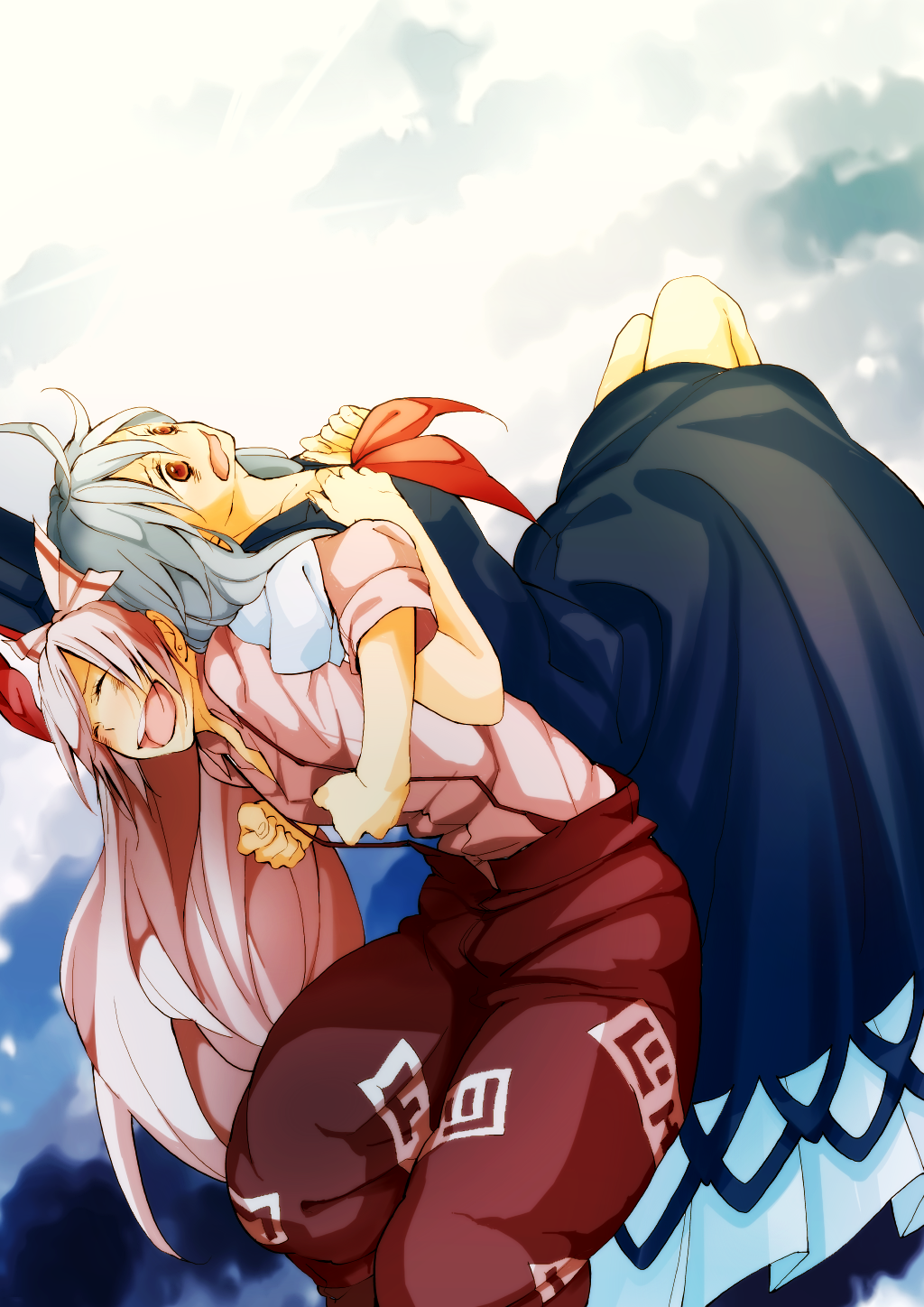 blue_hair, bow, closed_eyes, dress, eyes_closed, fujiwara_no_mokou, hair_bow, highres