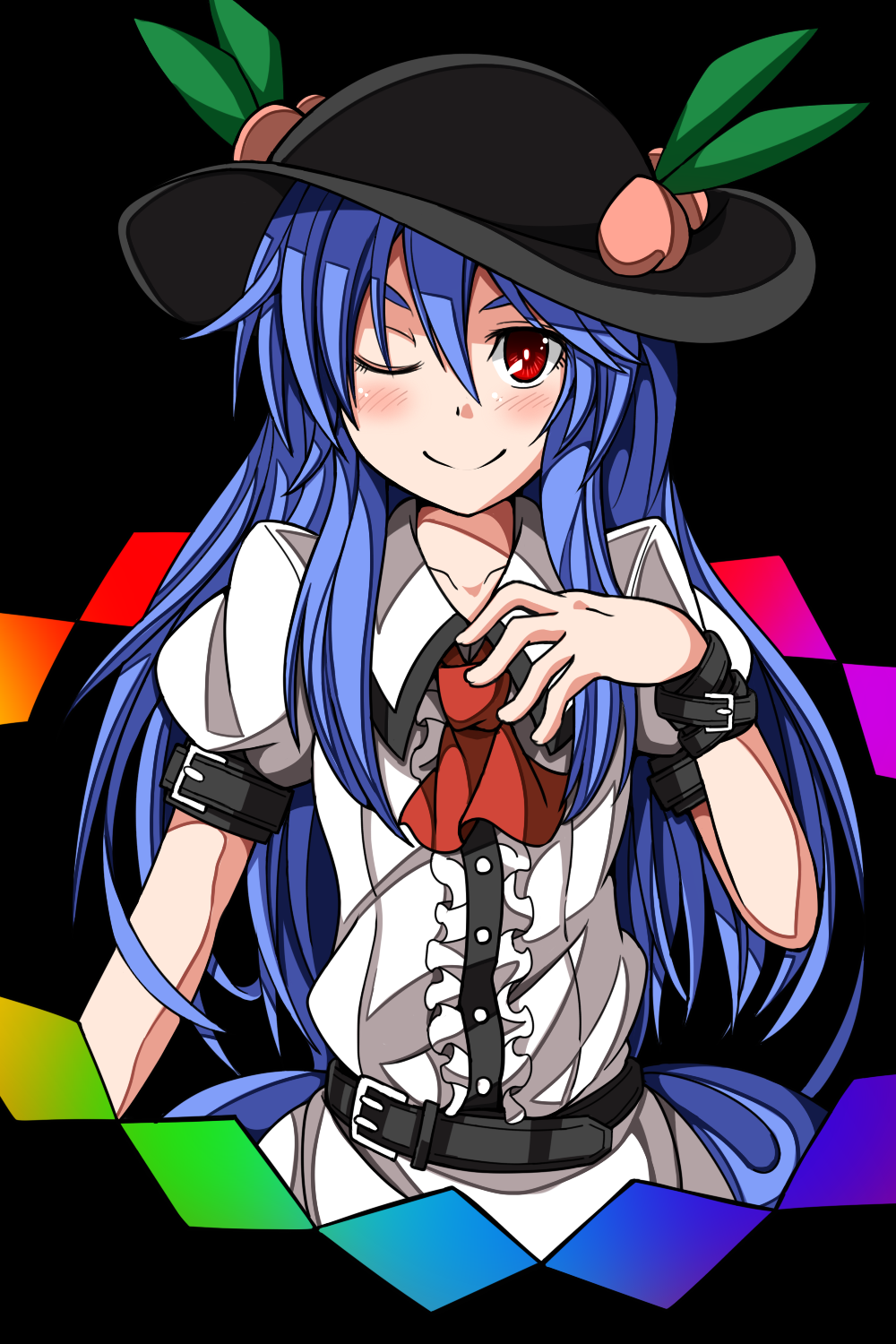 belt, blue_hair, blush, dress, food, fruit, hand_on_own_chest, hat