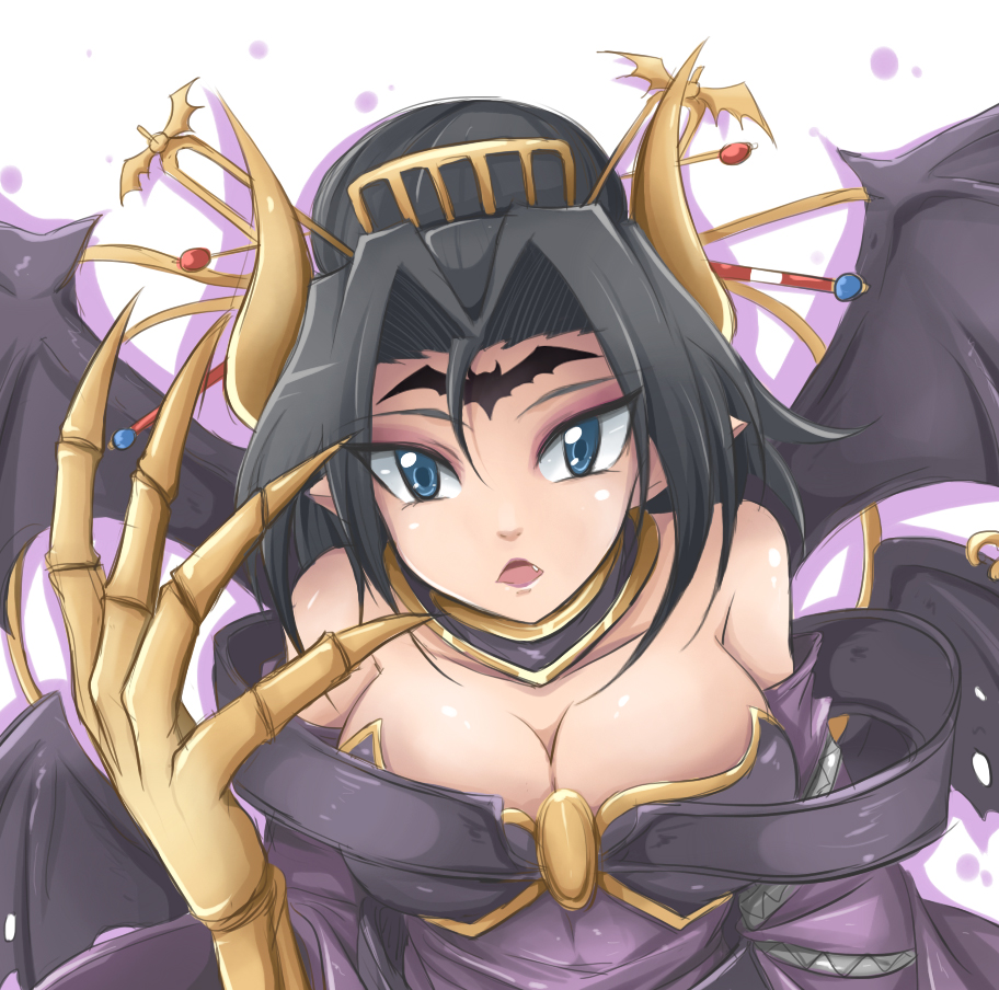 bare_shoulders, bat, bat_wings, black_hair, blue_eyes, breasts, claws, cleavage