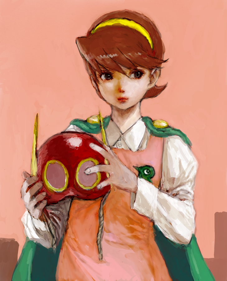 1girl, brown_eyes, brown_hair, cape, dress_shirt, face, female, hairband