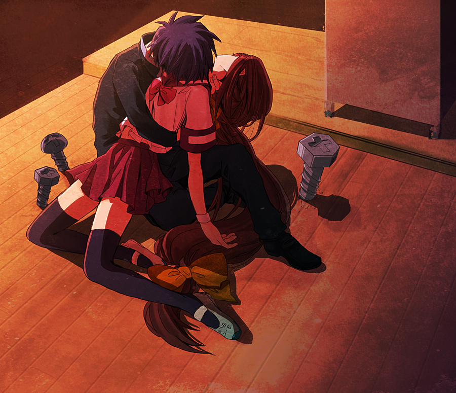 1girl, ajimu_najimi, black_legwear, brown_hair, gakuran, hug, kumagawa_misogi, long_hair, low-tied_long_hair, medaka_box, purple_hair, school_uniform, screw, serafuku, short_hair, spoilers, thigh-highs, thighhighs, u_iii, very_long_hair