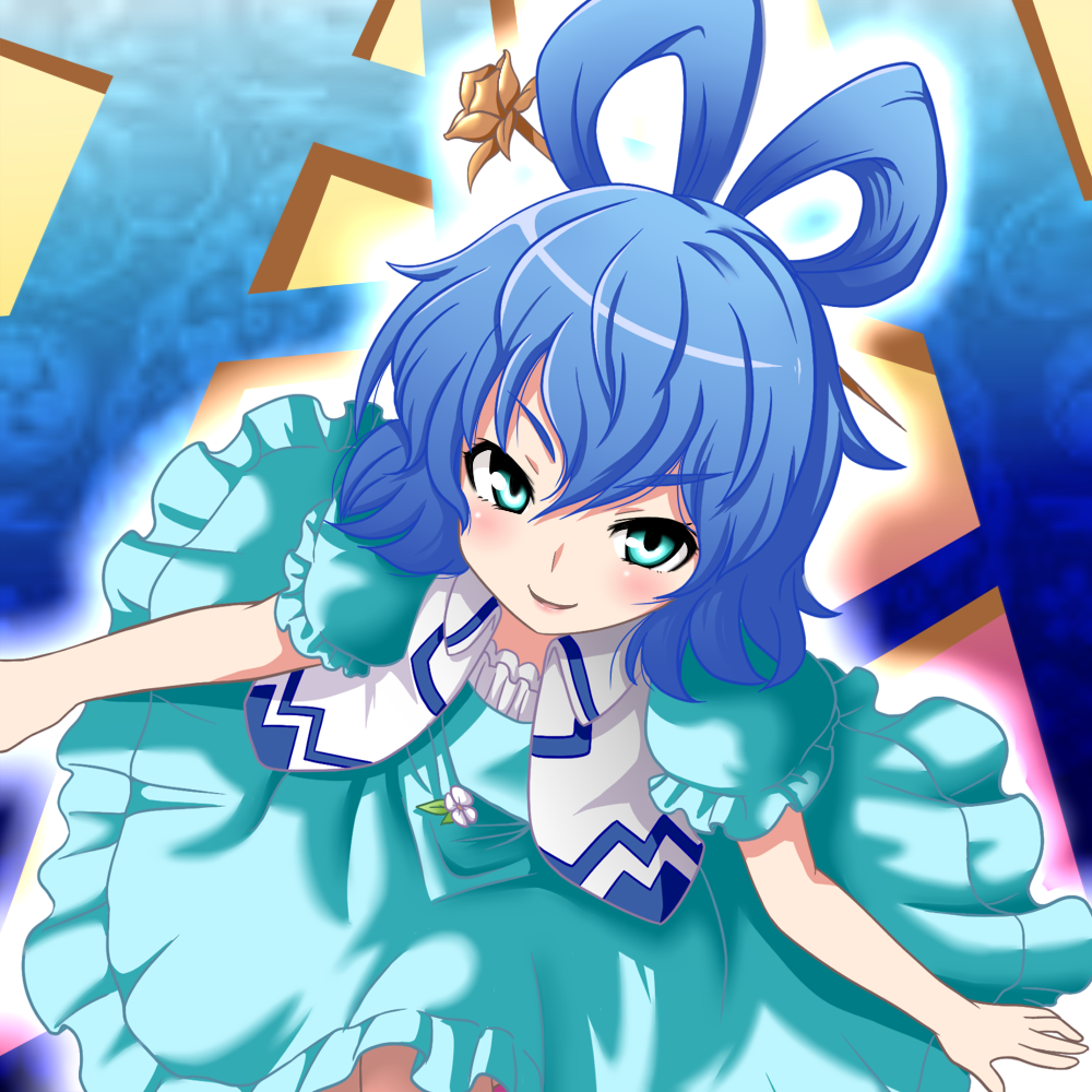 aqua_eyes, blue_hair, dress, flower, grin, hair_rings, hair_stick, kaku_seiga