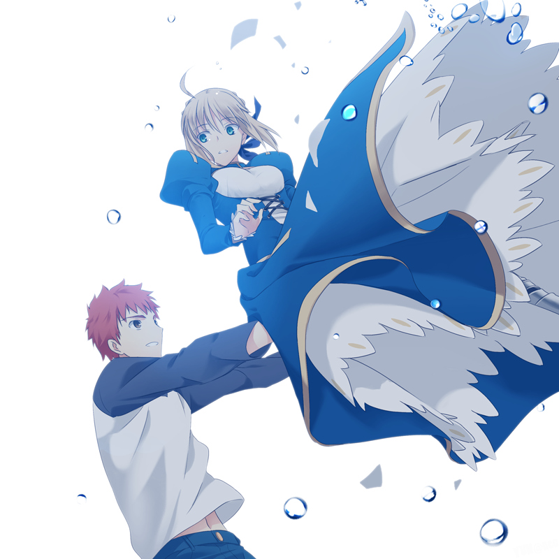 1girl, ahoge, blonde_hair, blue_eyes, brown_eyes, catching, dress, emiya_shirou