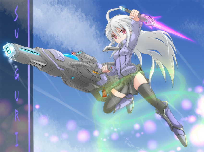 black_legwear, boots, character_name, energy_sword, flying, gun, karukan_(pixiv453927), long_hair