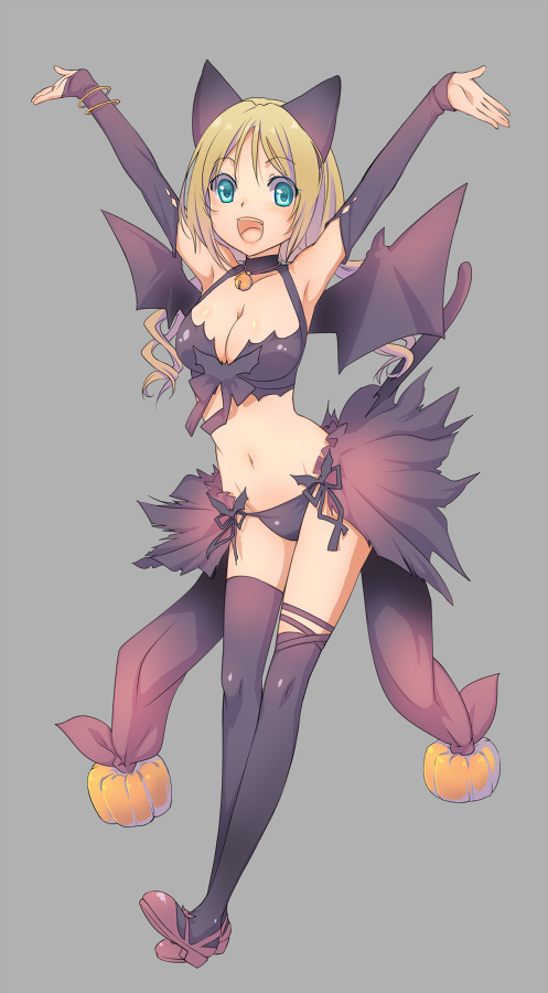 :d, alternate_color, animal_ears, aqua_eyes, armpits, arms_up, black_legwear, blonde_hair