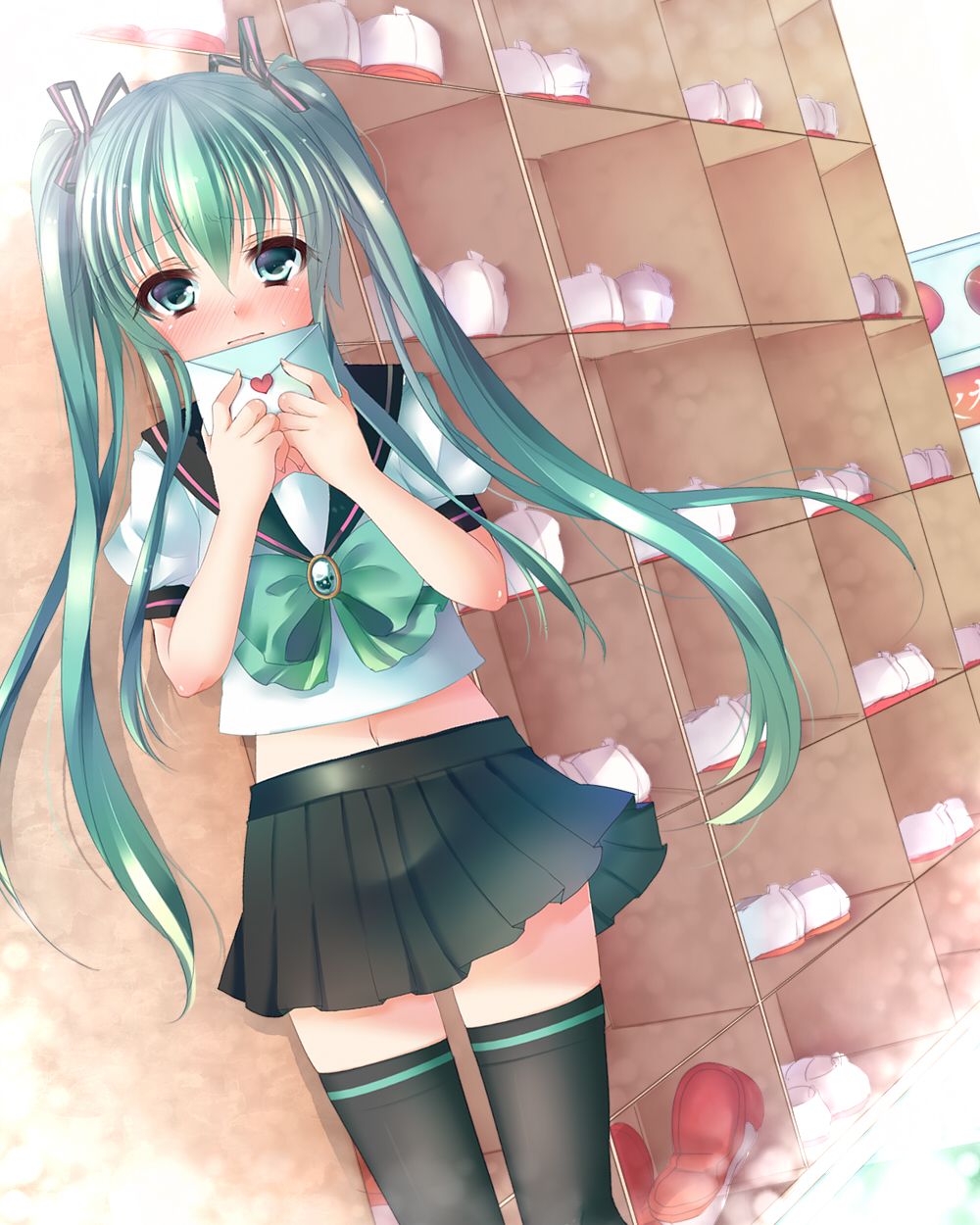 aqua_eyes, aqua_hair, blush, confession, embarrassed, envelope, hatsune_miku, highres