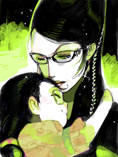 2girls, bayonetta, bayonetta_(character), black_hair, blue_eyes, blush, cereza, child