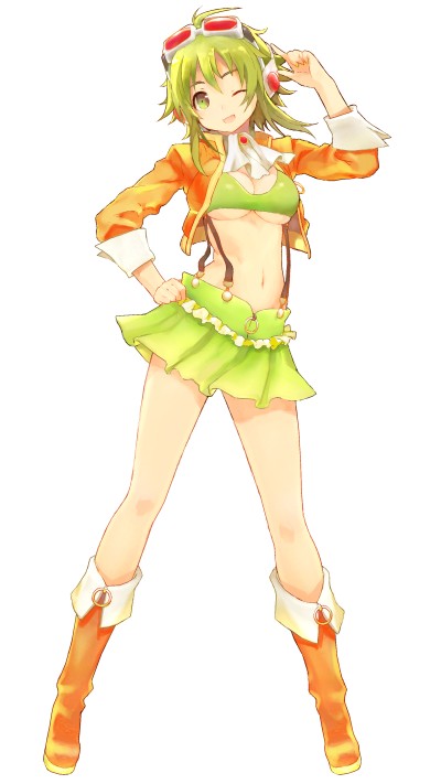 boots, breasts, cropped_jacket, goggles, goggles_on_head, green_eyes, green_hair, gumi, hand_on_hip, head_tilt, headphones, mamama, midriff, miniskirt, navel, open_mouth, simple_background, skirt, smile, solo, suspenders, under_boob, underboob, vocaloid, white_background, wink