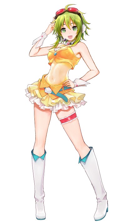 boots, crop_top, goggles, goggles_on_head, green_eyes, green_hair, gumi, hand_on_hip, headset, mamama, midriff, navel, open_mouth, simple_background, smile, solo, thigh_strap, vocaloid, white_background, wrist_cuffs