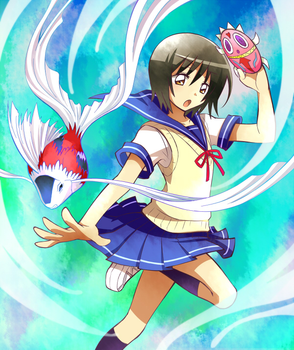 black_hair, blueness_(michikusakan), brown_eyes, fish, keikain_yura, nurarihyon_no_mago, ribbon, school_uniform